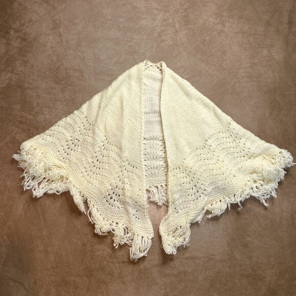 Vintage 70s Handmade Crochet Knit Open Front Shawl Sweater Cape Cardigan Cream - Picture 1 of 4
